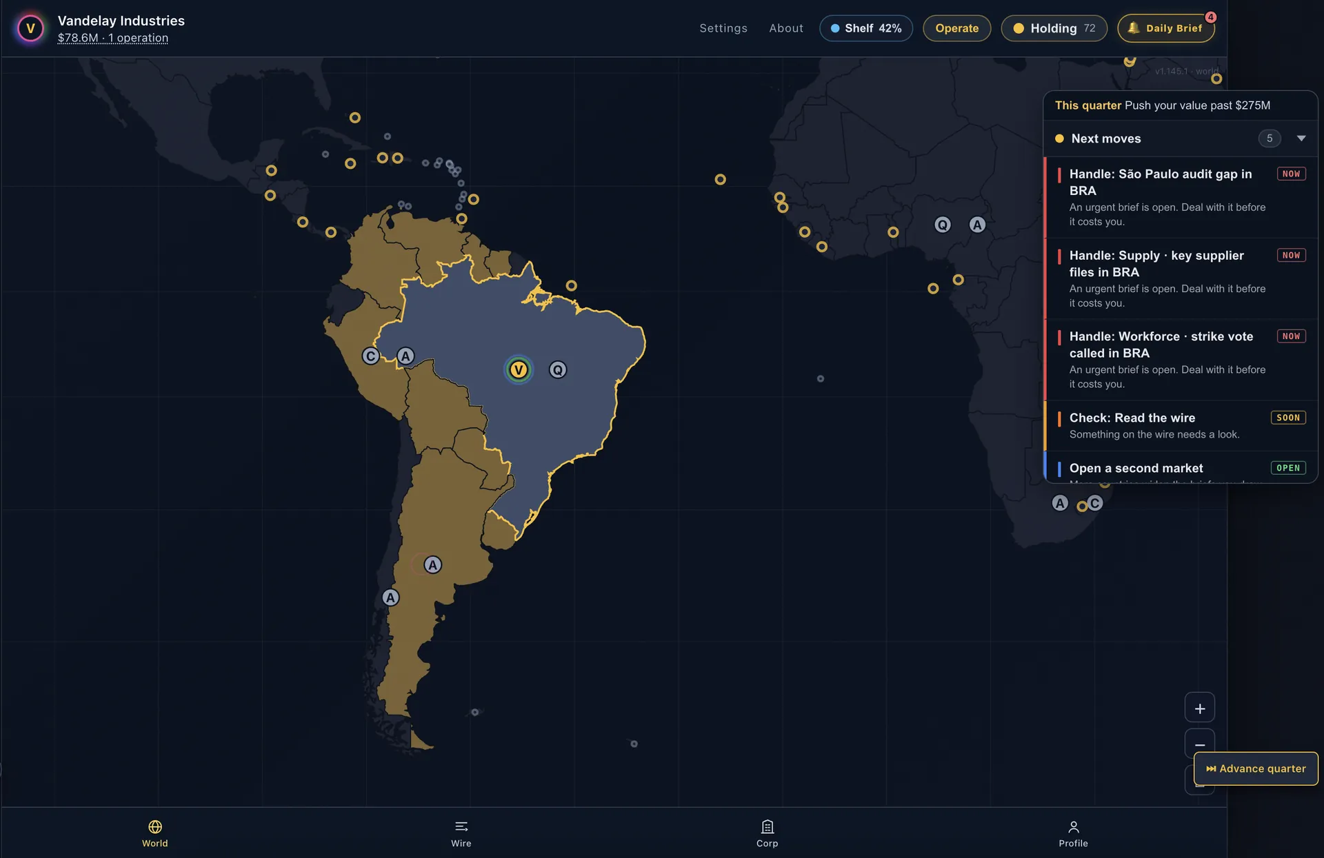 Force Majeure world map showing markets across South America with the quarter’s next moves open